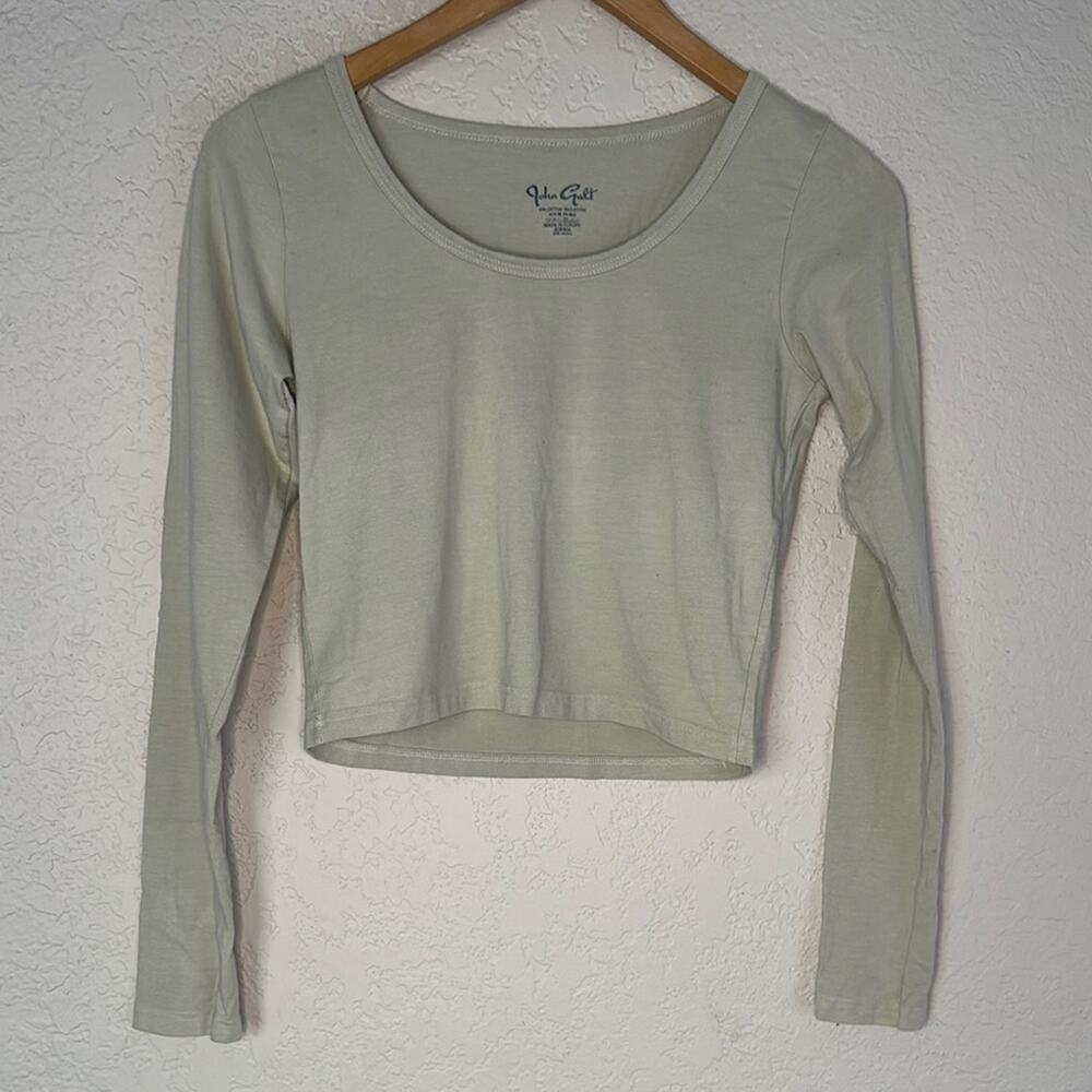 John Galt Sage Green Crop Tee Long Sleeve T-Shirt Stretch Cotton Y2K